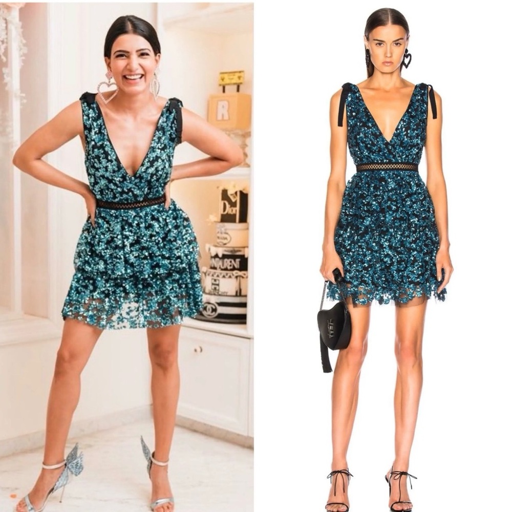 Self-Portrait Teal Sequin V‑Neck Party Dress